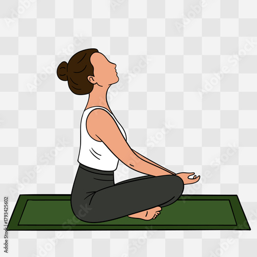 Sukhasana pose. Hand-drawn illustration of a woman practicing yoga on a mat. Relaxing and mindful pose symbolizing balance, harmony, and self-care