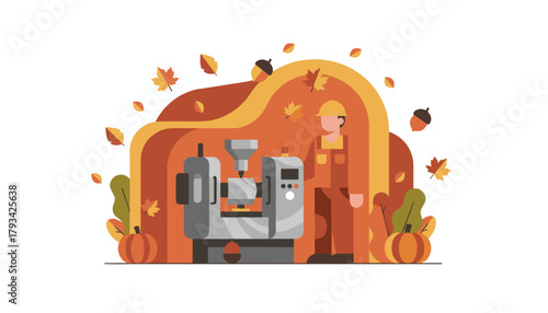 Manufacturing worker operates machinery in an autumn setting with leaves and pumpkins