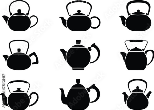 Teapot Icon Set  Classic and Modern Tea Kettle Silhouette Collection Teapot and Teacup Icons  Kitchen, Café, and Beverage Vector Set