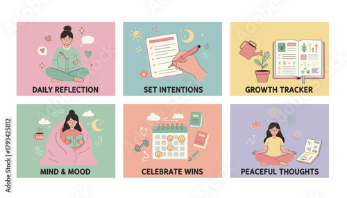 Selfcare concepts grid reflection intentions growth mood achievements and peaceful thoughts