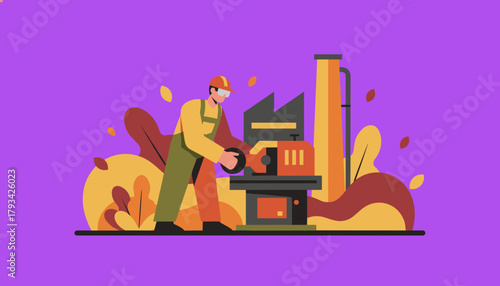 Skilled industrial worker operating machinery in a factory Manufacturing concept vector