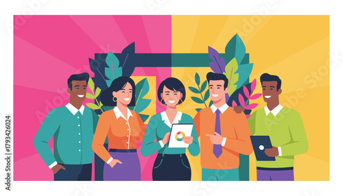 Diverse team smiling collaborating with tablets on business data in a vibrant modern office environment