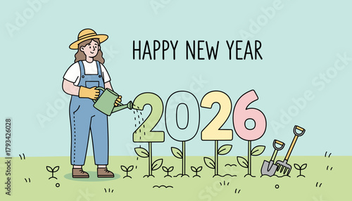 Happy New Year 2026 Woman gardener nurtures the future illustrating growth and development