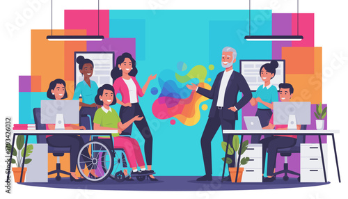 Diverse inclusive business team collaborating in a colorful modern office