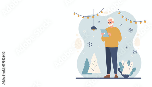 Happy senior man uses digital tablet during winter holidays amidst festive decor and lights