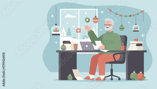 Happy senior works remotely in a festive Christmas office sending seasonal greetings