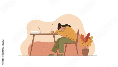 Exhausted woman sleeping on her desk surrounded by work Burnout and fatigue concept