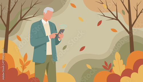 Senior man using smartphone with network connection in a beautiful autumn park setting