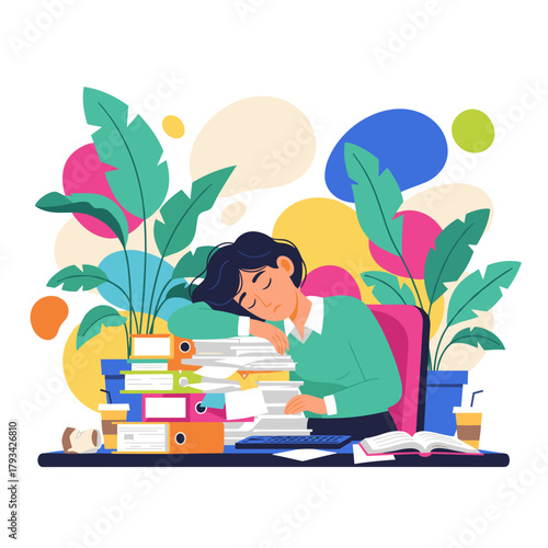 Overwhelmed office worker sleeping on a massive stack of files Burnout and fatigue concept