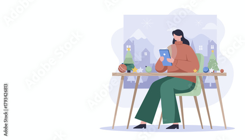 Woman shopping online on a tablet surrounded by Christmas decorations in a cozy winter setting