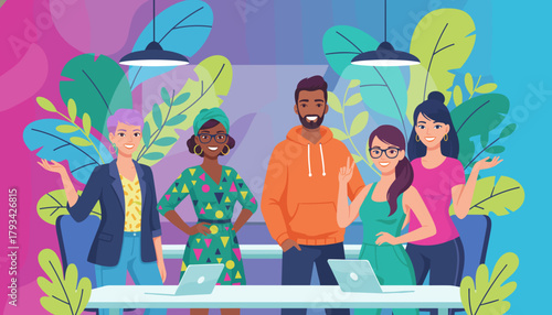 Diverse professional team collaborating in a modern colorful biophilic office setting