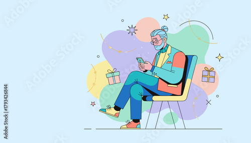 Stylish man uses phone for online shopping among gifts and abstract elements Digital holiday shopping