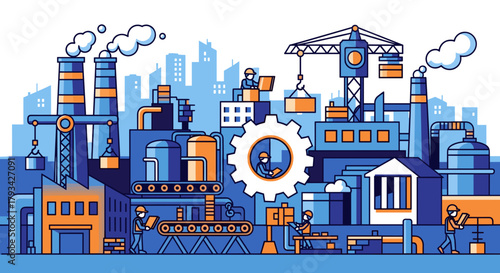 Industrial manufacturing complex illustration featuring factories workers cranes and urban development