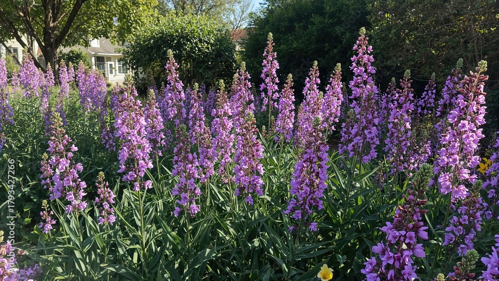 Obraz premium Lavender flowers in a garden with green trees and a house in the background.