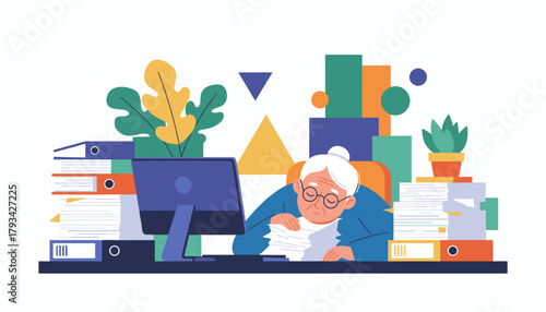 Elderly worker drowning in documents illustrating work stress burnout and administrative burden
