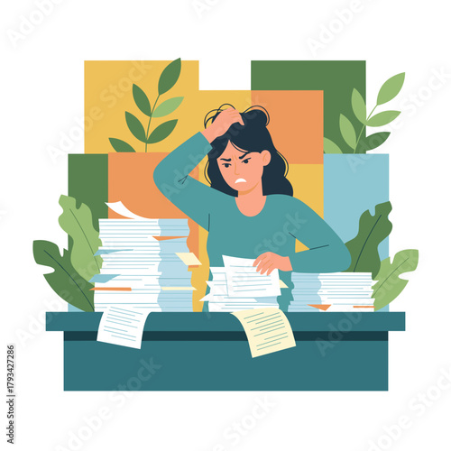 Overwhelmed woman facing excessive paperwork Stress deadline bureaucracy concept