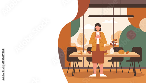 Sad woman checking phone in modern autumnal setting with copy space Fall business concern concept