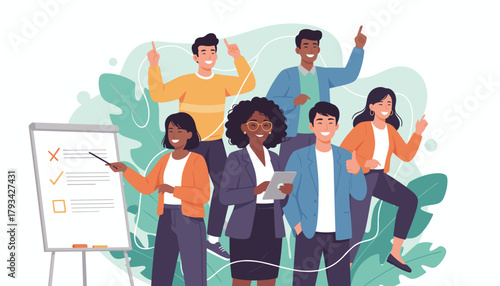 Diverse business team collaborating happily during a successful meeting and presentation