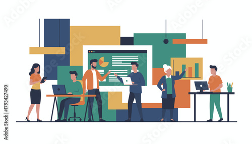 Diverse team collaborating on data analytics and strategy in a modern office meeting illustration