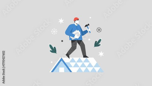 Professional worker illustration fixing a roof in winter with a hammer and construction plans