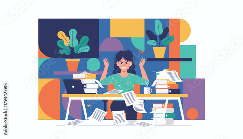 Overworked woman stressed by excessive paperwork and deadlines in a colorful office