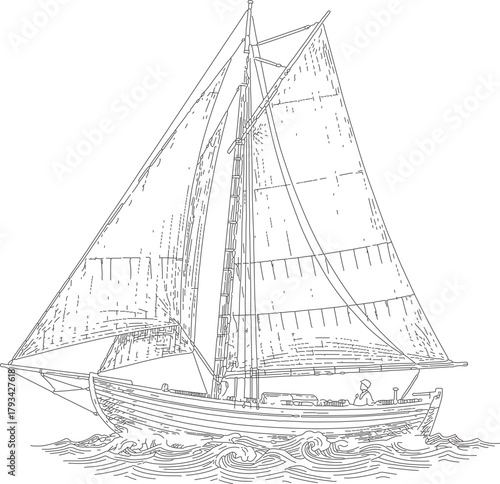 Vintage Sailboat Illustration on Wavy Seas
