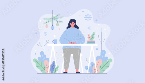 Angry woman working from home during winter holidays Stress and burnout illustration