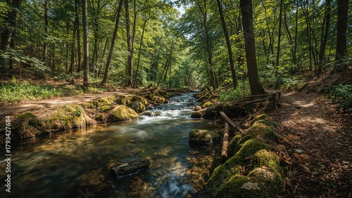 A forest stream surrounded by trees with lush green foliage and moss-covered rocks, flowing through a wooded area.