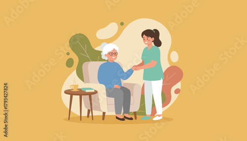 Nurse assisting elderly woman in an armchair Senior healthcare and home support illustration