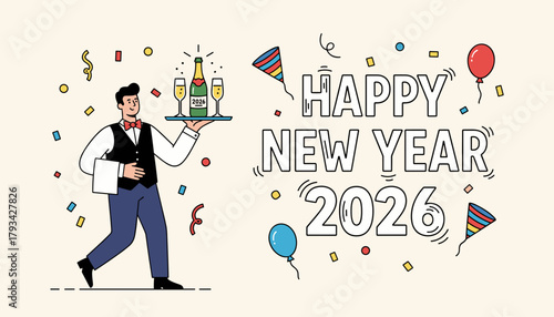 Waiter serves champagne for Happy New Year 2026 celebration Confetti balloons and festive design