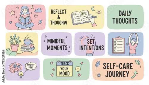 Selfcare and mental health routine icons journaling mood tracking mindfulness and reflection