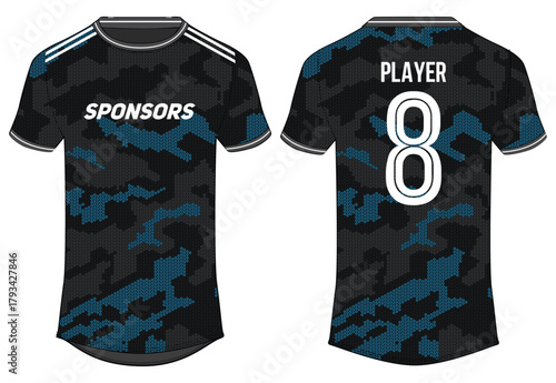 Camouflage Sports jersey t shirt design Flat sketch illustration, Round neck football jersey concept with front and back view for Cricket, soccer, Volleyball, Rugby, tennis and badminton uniform kit