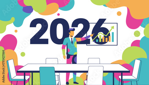 Businessman presents 2026 growth projection chart in a colorful corporate meeting illustration