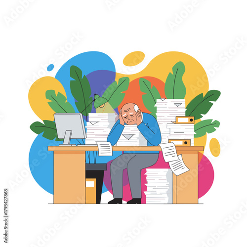 Overworked senior man stressed by excessive office duties and document piles