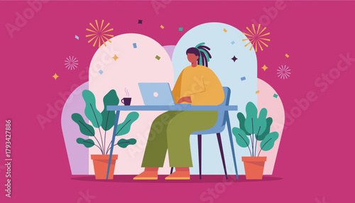 Remote worker celebrating success while working on laptop in a vibrant creative space