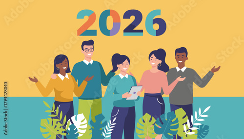 Diverse team presentation of the 2026 plan goals and future business strategy illustration