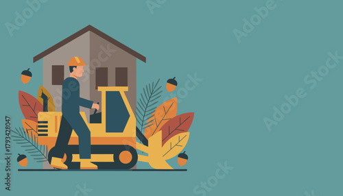 Construction worker operating heavy equipment near a house in an autumn themed flat vector illustration