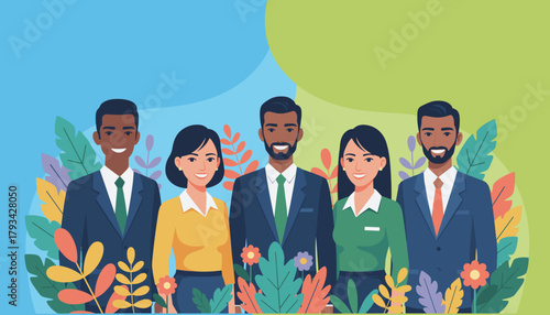 Diverse professional team portrait representing growth collaboration and environmental awareness