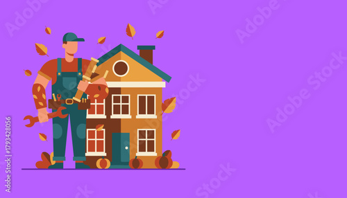 Handyman standing by a house doing fall maintenance and repair work Home service vector
