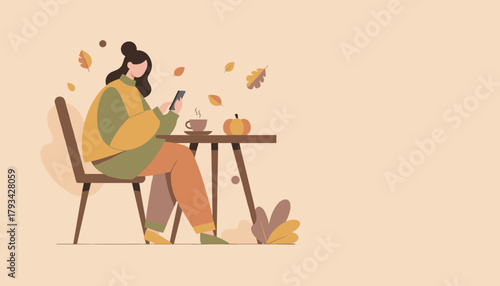 Cozy fall illustration Woman uses smartphone while enjoying coffee and pumpkin dcor