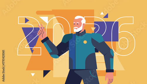 Optimistic elderly man makes a Vsign against a modern 2026 background symbolizing future success