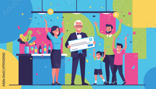 Happy family celebrating a big lottery win with a representative holding a giant check