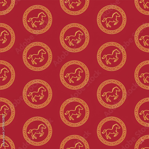 Elegant seamless pattern with golden horse emblems in circular frames on deep red background. Symbolic Asian zodiac design ideal for decor, textiles, and packaging. Vector illustration