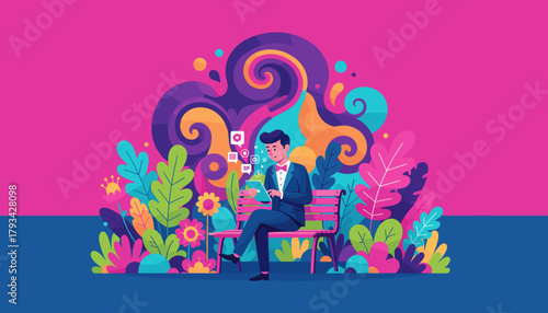 Businessman using a tablet surrounded by vibrant abstract nature and digital icons