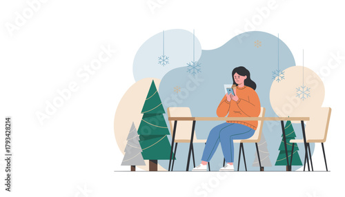 Woman using phone sadly in a winter cafe setting with Christmas decorations