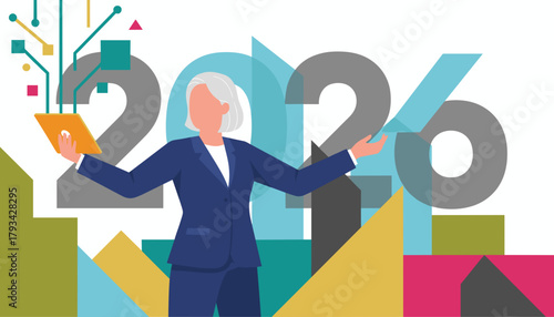 Executive leader planning 2026 strategy with a tablet and digital data visualization