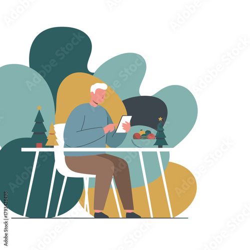 Senior man using tablet while celebrating Christmas at home Digital holiday shopping or chat