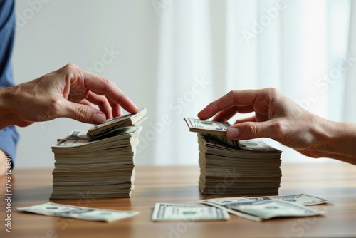 Image of Couple Dividing Stack of Money Bills to Represent Financial Independence Post-Divorce