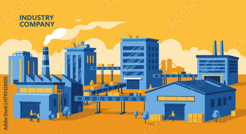 Modern industrial factory complex illustration Production manufacturing logistics and company operations concept