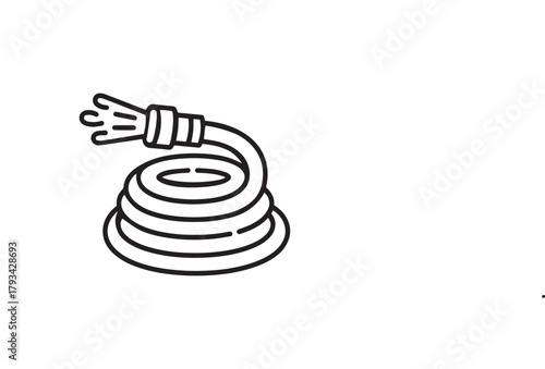 Outline icon of a coiled garden hose with water spraying from the nozzle, representing watering, gardening, or cleaning
